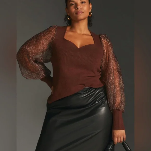 Anthropologie  Dolan Sheer Animal Print Puff-Sleeve Brown Sweater Size 3X - Picture 3 of 11